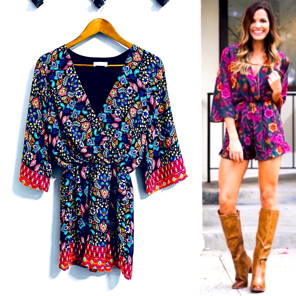 Everly Paisley Floral Black Three-Quarter Sleeve Romper /Shorts Jumpsuit